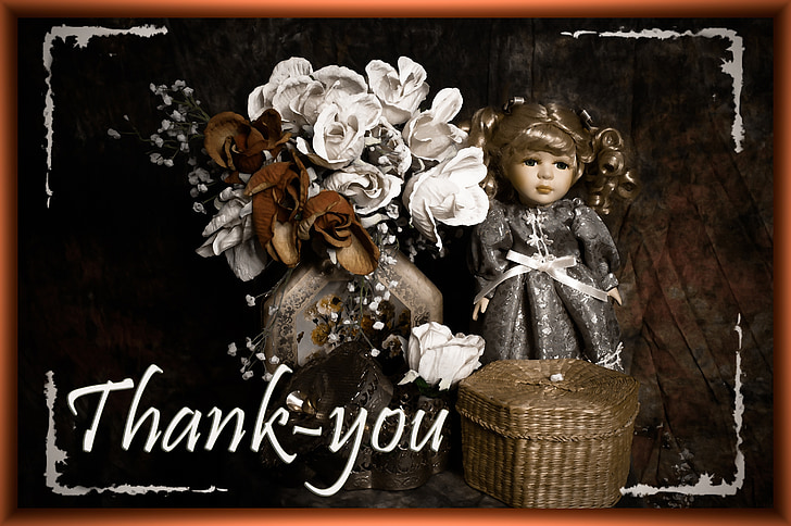 thank you, greeting, doll, composition