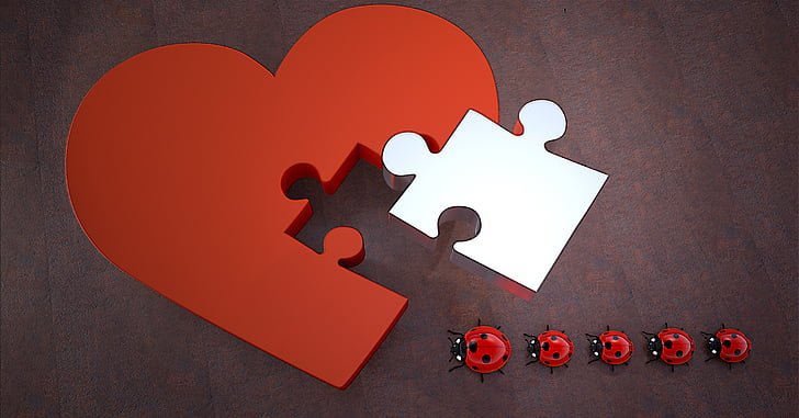 Lucky ladybug, coeur, Puzzle, se réunissant, pièce du puzzle, forme de coeur, émotion