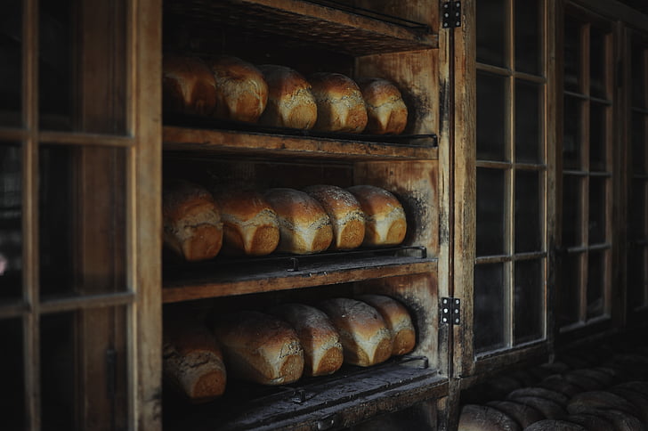 barna, fa, sütő, kenyér, kenyér, pékség, polc