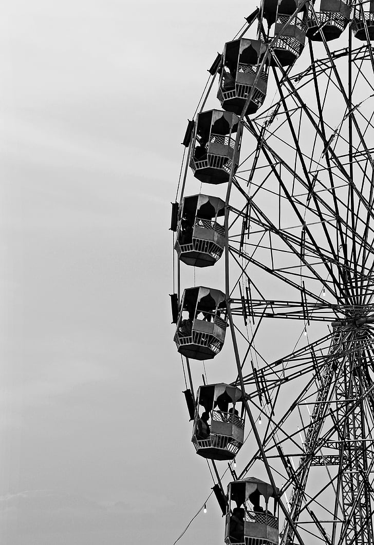 fair, ferries wheel, round, black, amusement, carnival, sky
