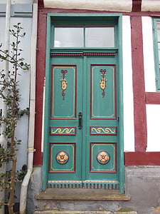 古いドアのパネル, 塗装, 装飾, 花の装飾, リボン飾り, ワインレッド色, bålgrøn