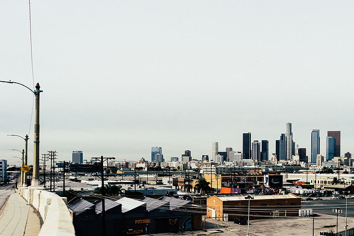 въздушна, снимка, док, град, Skyline, Лос Анджелис, градски силует