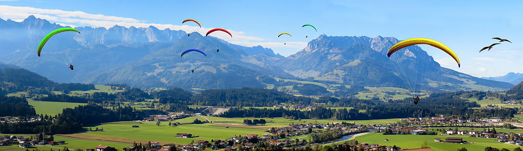 假日, 山脉, 景观, 全景, 飞, 滑翔机, 滑翔伞
