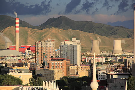 város, épület, felhő, hegyi, Urumqi, gyári