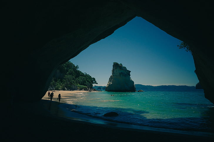 caverna, Nova Zelândia, praia, areia, água, Costa, Costa