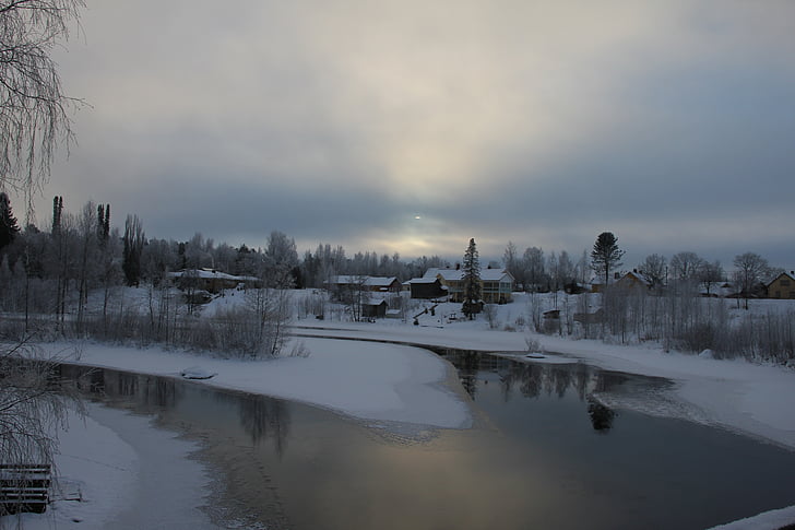 пейзаж, зимни, вода, река, Фрост, Финландски, сняг