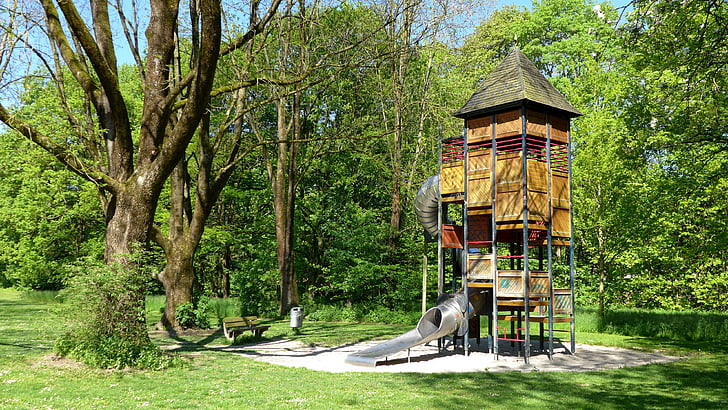 lekeplass, anlegget, trær, grønn, natur, lekeplass, klatring tower