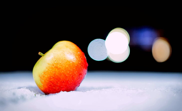Apple, bokeh, cibo, frutta, macro, neve, inverno
