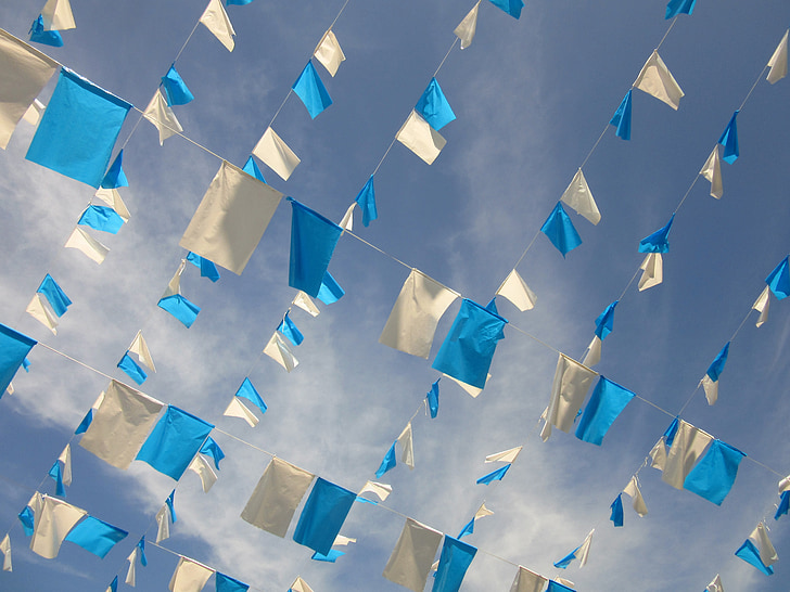 pennant, garlands, blue, white, festival, cheerful, decoration