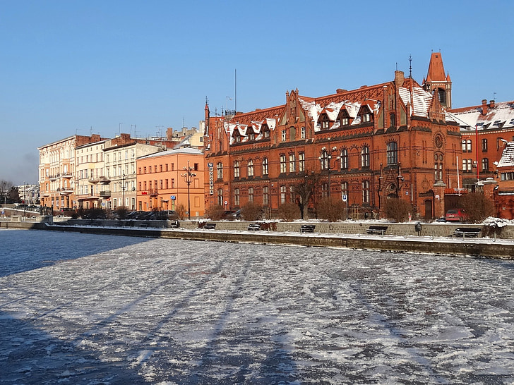 Bydgoszcz, Waterfront, Brda, Sungai, musim dingin, arsitektur, Polandia