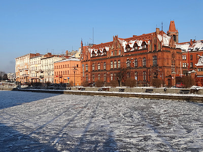 Bydgoszcz, havnefronten, Brda, floden, vinter, arkitektur, Polen