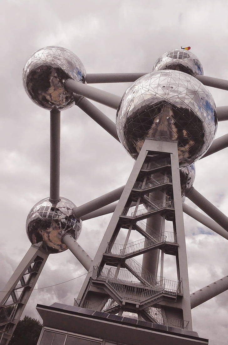 arhitektūra, Atomiums, Beļģija, Mākoņains, debesis, tērauda, cauruļu - caurule