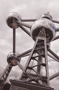 Architektura, Atomium, Belgie, zataženo, obloha, ocel, trubka - trubka
