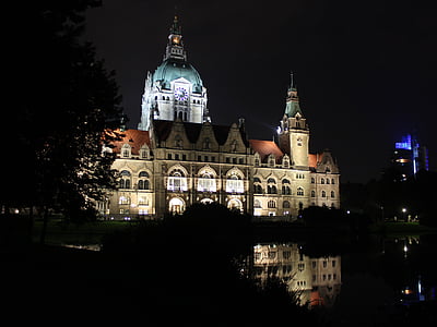 hanover, town hall, lower saxony, germany, architecture, building, night