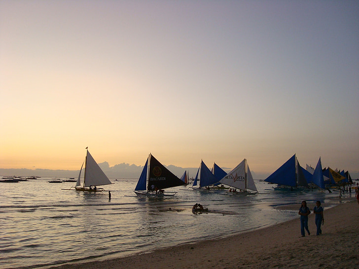 Boracay, bagliore, barca, spiaggia, Spiaggia di Boracay, mare, tramonto