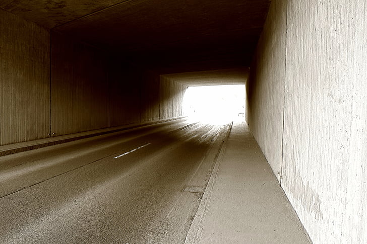 tunnel, route, pont, lumière, suite, asphalte, monochrome