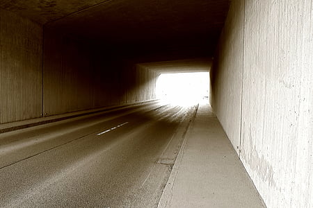 tunnel, route, pont, lumière, suite, asphalte, monochrome