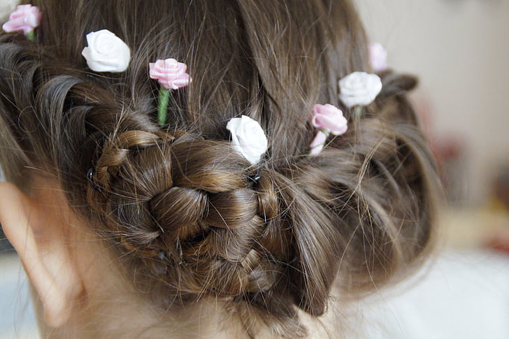 hairstyle, chic, festive, girl, bun, artfully, flowers