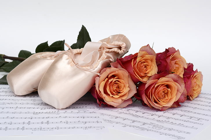 ballet shoes, dance, roses, flowers, sheet music, coupon, elegance