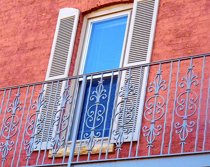 finestra, persiane, balcone, blu, rosso, facciata, ringhiera