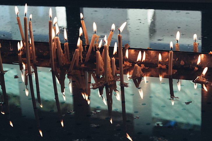 candles, light, lighting, glass, reflection, fire, flame