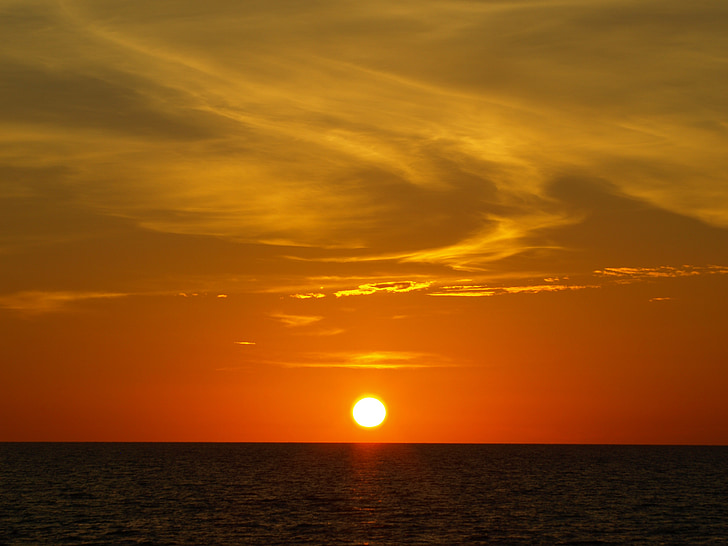 sunset, sea, panorama, sun, setting sun, water, clouds