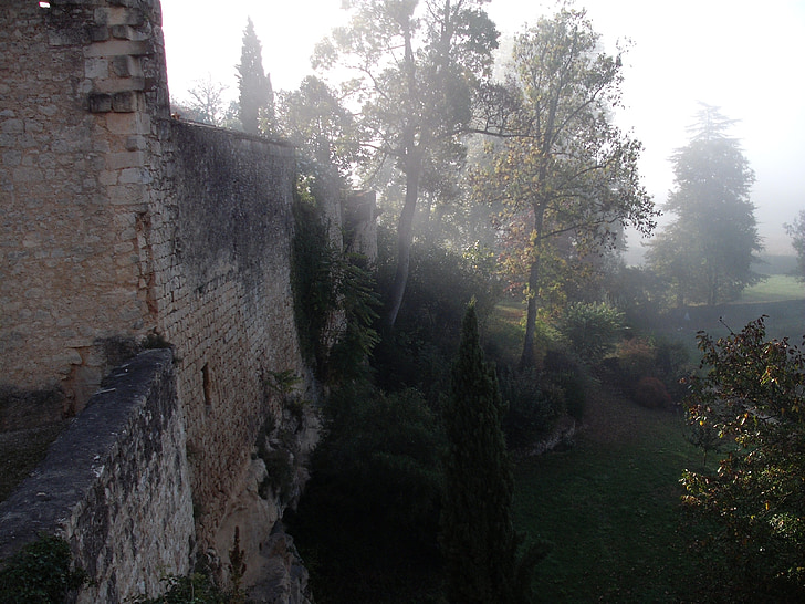 village, france, wall, fog