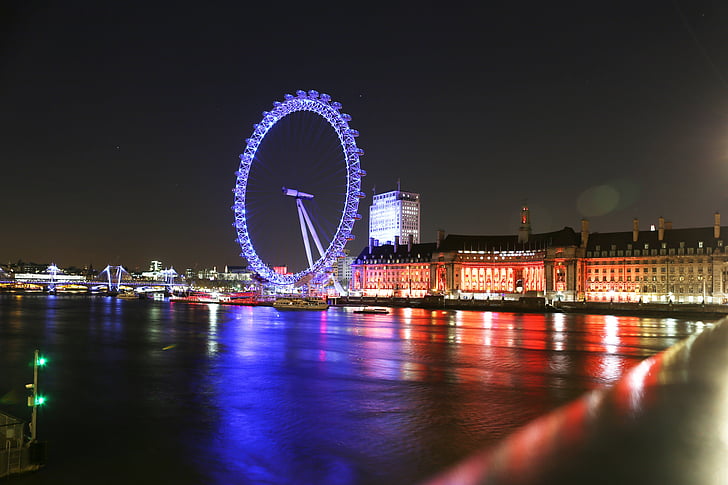 Лондонське око, Лондон, місто, Річка, Темза, ніч, знамените місце