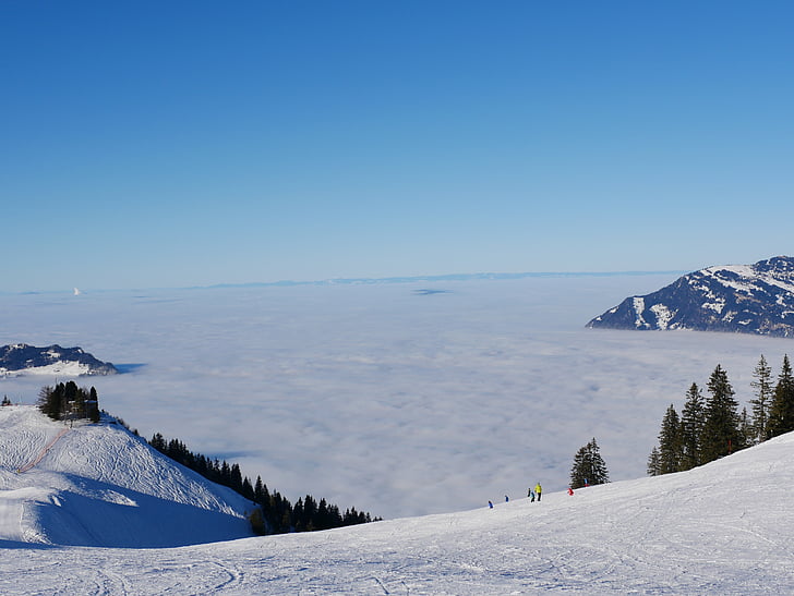 mountain, skiing, sea of fog, mountains, fog, winter, ski area