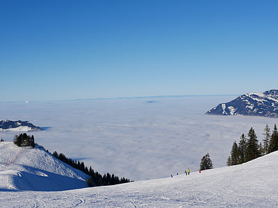 montagne, ski, mer de brouillard, montagnes, brouillard, hiver, domaine skiable