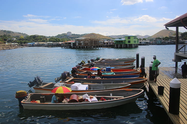 Balık pazarı, tekneler, Papua Yeni Gine, Deniz, Papua, Yeni, Gine
