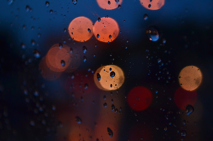 bokeh, svetlá, pozadie, sklo, dažďová kvapka, noc, vody