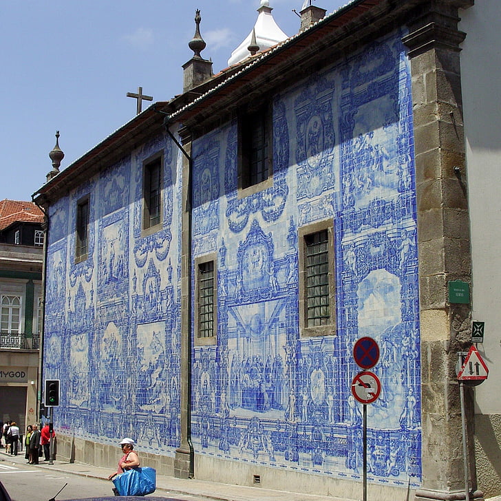 Porto, Portugalsko, dlaždice, modrá, fasáda, staré mesto, historicky