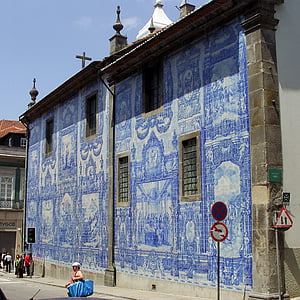 Porto, Portugalsko, vedle sebe, modrá, fasáda, staré město, historicky