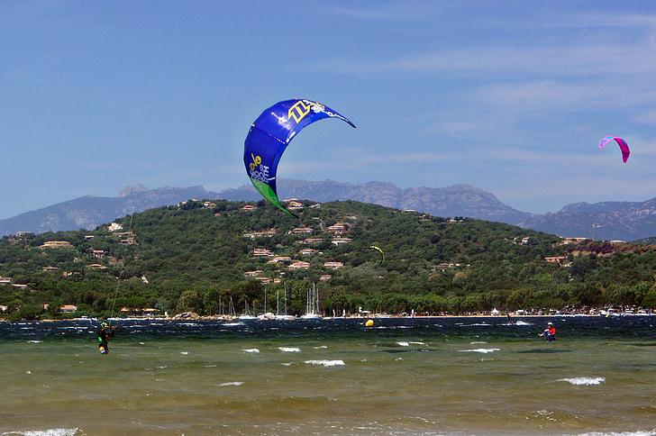 Playa, kitesurf, viento, nubes, vacaciones