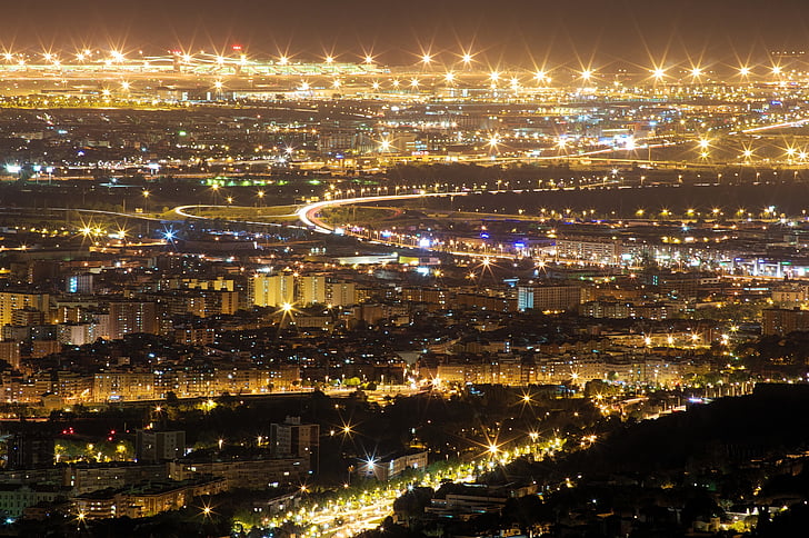 Барселона, нощ, осветени, светлини, атмосфера, abendstimmung, продължително излагане