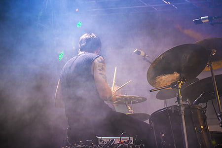 adult, artists, back view, band, bass, colored smoke, concert
