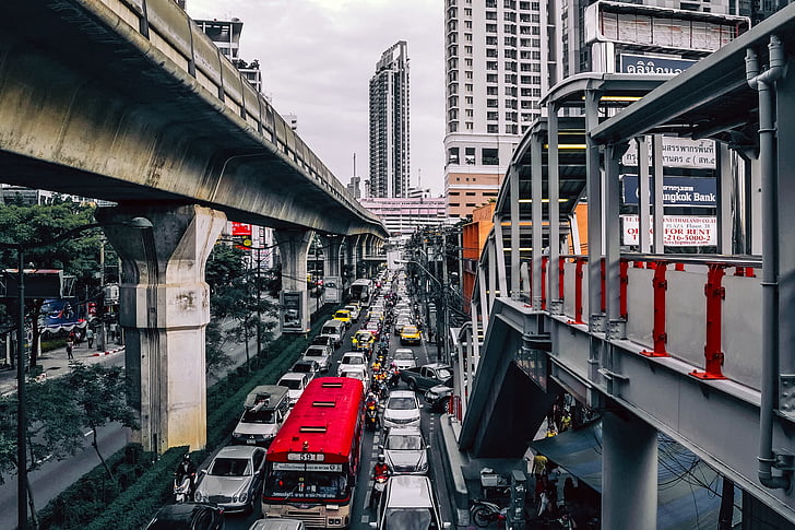 Bangkok, Thajsko, město, Panoráma města, městský, automobily, nákladní automobily