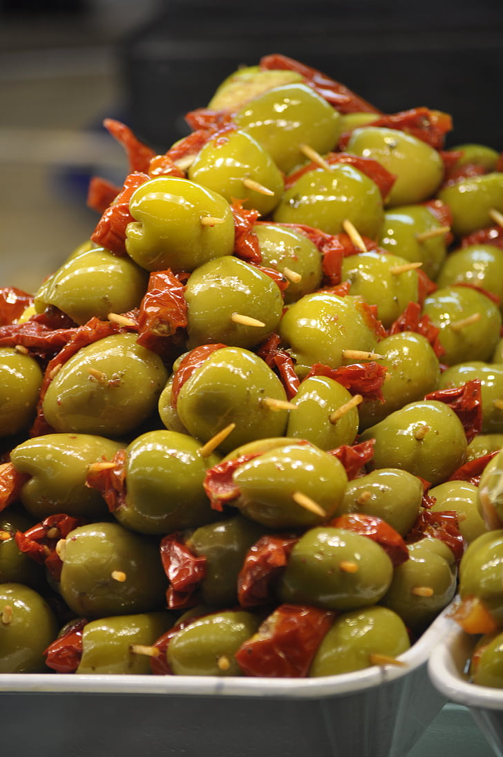 fyllda oliver, fyllning, Oliver, förrätt, spett, pintxo, Olivas