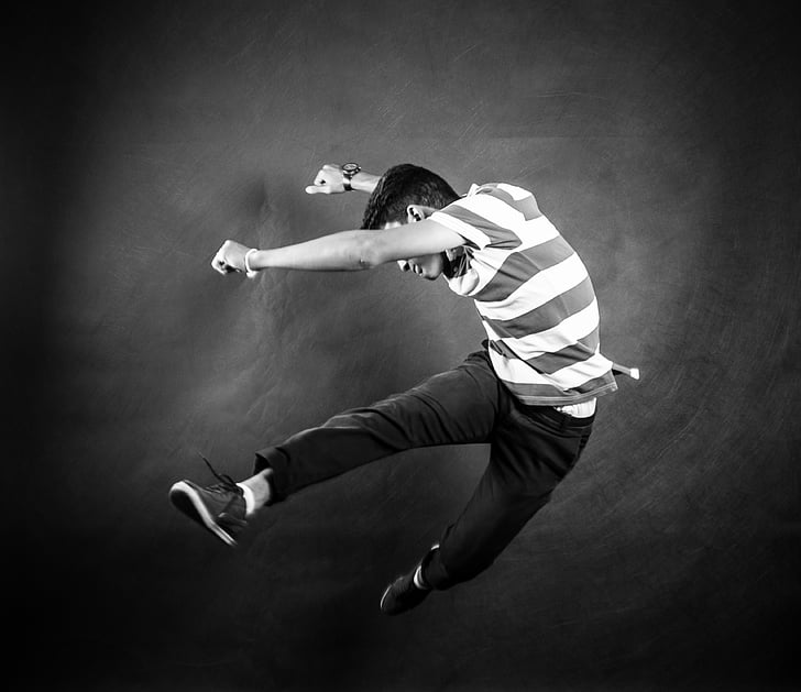 black-and-white, jumping, man, model, person, black And White, one Person