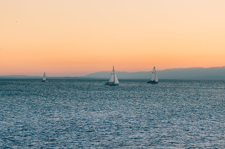 boats, dawn, dusk, ocean, sailboats, sea, sunrise
