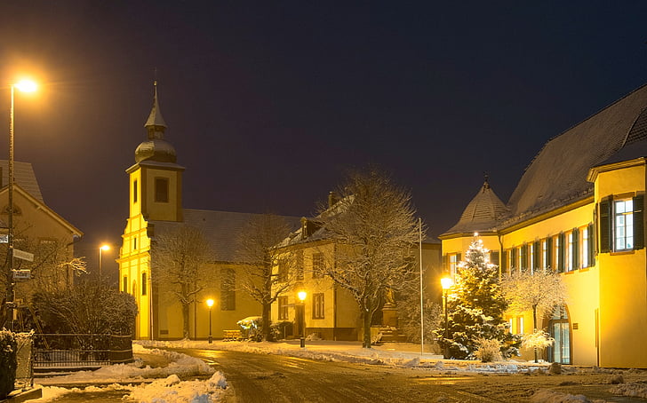 zimske noći, Gradska vijećnica u noći, Božić, noć, Zima, snijeg, arhitektura