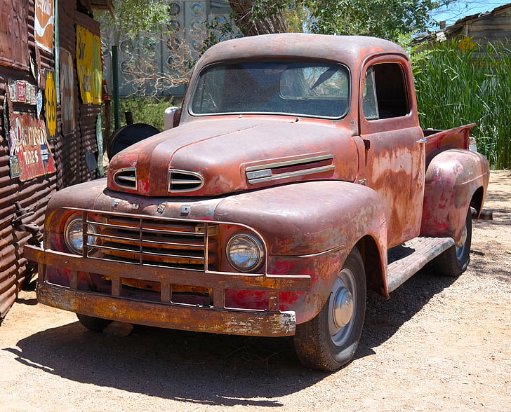 old, car, rusty, truck, pickup, red, summer