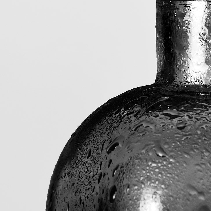 glass, black, white, drop, black and white, water, droplets