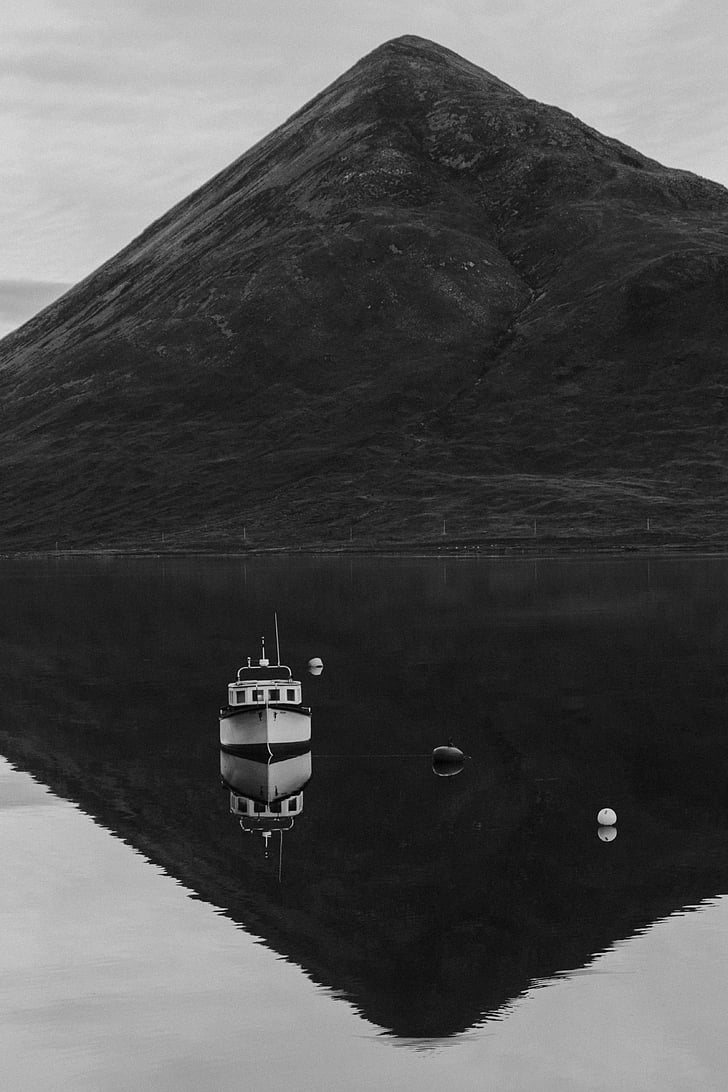 mountain, highland, sky, lake, water, reflection, boat