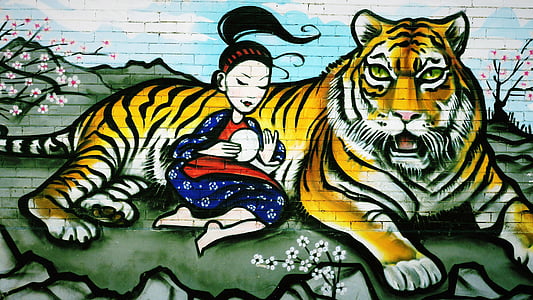 Graffiti, tigre, ragazza, vernice, parete, spruzzo, animale