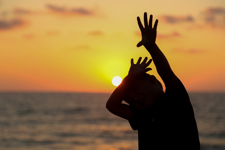 child, silhouette, sunset, hand, sun, touch, man