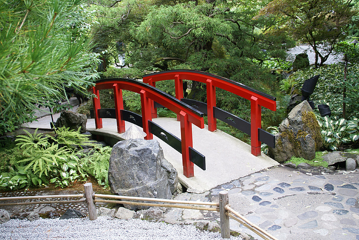 bridge, red, botanical garden, butchart gardens, garden, japanese garden, railing