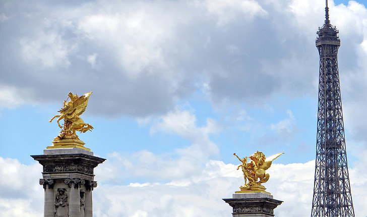 Paryžius, Eifelio bokštas, Pegasus, Pont alexandre-3, dangus iš Paryžiaus, perspektyvos, paminklas