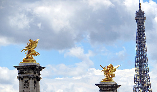 París, Torre Eiffel, Pegasus, Pont alexandre-3, cielo de París, punto de vista, Monumento